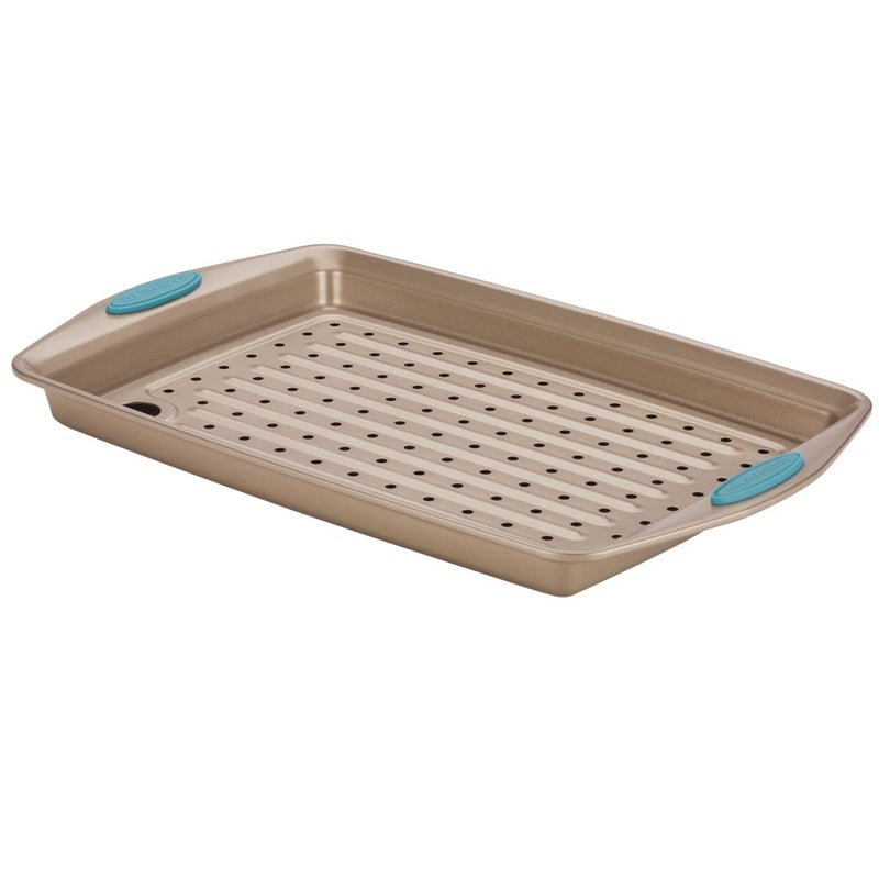 Rachael Ray Cucina Nonstick Bakeware Set with Grips, Nonstick Cookie Sheet / Baking Sheet and Crisper Pan - 2 Piece, Latte Brown with Agave Blue Handle Grips - Image 1
